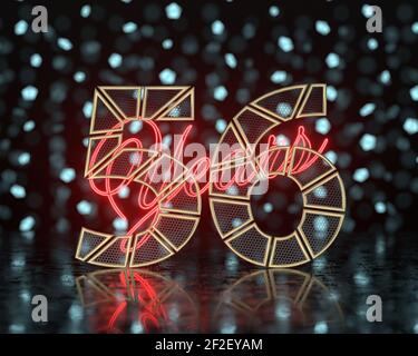 Golden number fifty-six (number 56) cut into perforated gold segments with  inscription years with a background of glowing blurred shapes. 3D illustra Stock Photo