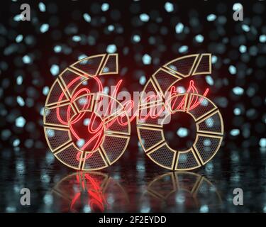 Golden number sixty-six (number 66) cut into perforated gold segments with  inscription years with a background of glowing blurred shapes. 3D illustra Stock Photo