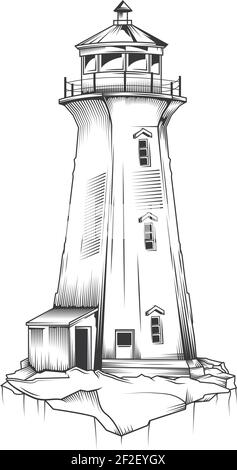 Isolated illustration of old lighthouse. Hand drawn vector illustration. Stock Vector