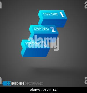 Infographic with blue horizontal geometric blocks three steps on dark Stock Vector