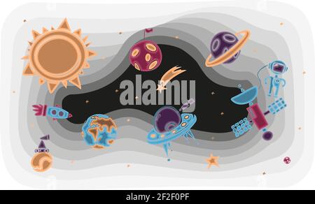Hand draw space illustration with a rocket, astronaut, planets and aliens. Cute, children s vector drawing about spaceships, flying saucers and Stock Vector