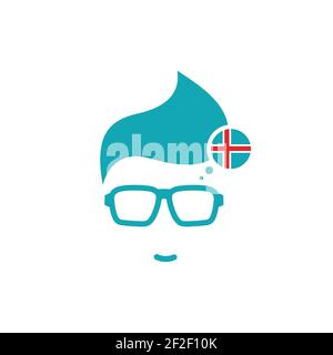 Silhouette of man's head in hipster glasses and Iceland flag in circle . Blue simple avatar. language icon. choose country sign. Isolated on white. Ve Stock Vector