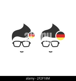 Silhouette of man's head in hipster glasses and Germany flag in circle . Black simple avatar. language icon. choose country sign. Isolated on white. V Stock Vector