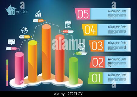 Business growth infographics with colorful 3d round columns five options text ribbon banners and icons vector illustration Stock Vector