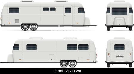 Rv camping trailer vector mockup on white background for vehicle branding, corporate identity. All elements in the groups on separate layers. Stock Vector