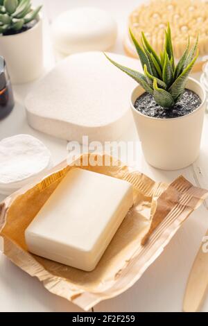 organic spa cosmetic and personal hygiene accesories on white background. Stock Photo