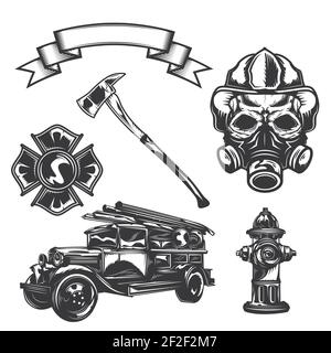 Set of firefighter elements (axe, car, ribbon, firefighter, emblem, fire truck, hydrant) for creating your own badges, logos, labels, posters etc. Iso Stock Vector