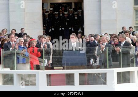 President Ronald Reagan gives his Inaugural Address at the US Capitol. Stock Photo