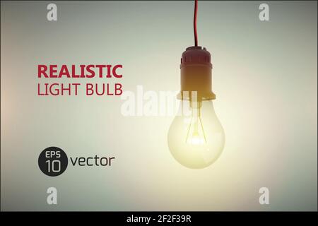 Realistic glow bulb background with luminant lens end lamp hanging on wire with editable text on gradient background vector illustration Stock Vector