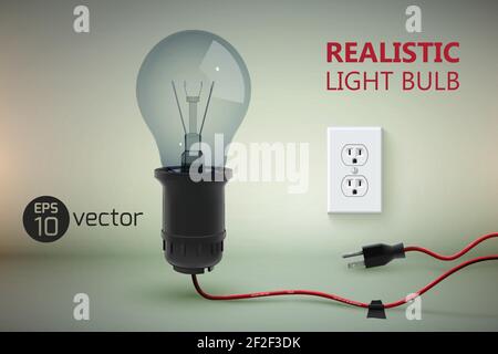 Background with realistic glow lamp in a bulb with wire and unplugged power socket on gradient background vector illustration Stock Vector