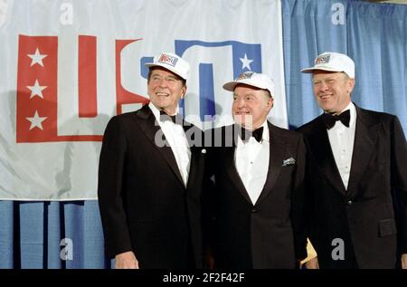 President Ronald Reagan, President Gerald Ford, and Bob Hope. Stock Photo