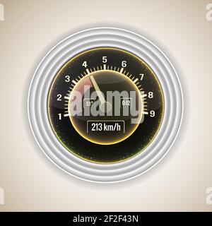 Realistic car speedometer interface with a transmission steps on gray gradient fond vector illustration Stock Vector