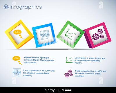 Infographics with row of 3d cubes and icons of charts and setting on white background vector illustration Stock Vector