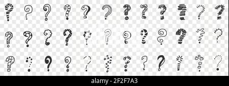 Question marks in row doodle set. Collection of hand drawn various shapes and forms of question marks drawn in different styles isolated on transparent background Stock Vector