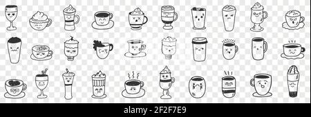 Cups and mugs for hot drinks doodle set. Collection of hand drawn various shapes and forms of cups with coffee cocktails tea and other drinks isolated on transparent background Stock Vector