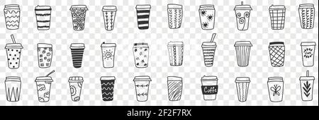 Reusable eco friendly glasses doodle set. Collection of hand drawn glasses and thermos for hot and cold drinks with various patterns eco-friendly cups isolated on transparent background Stock Vector
