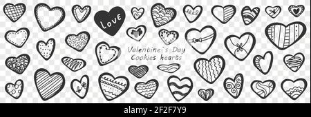 Valentines day hearts doodle set. Collection of hand drawn various cookies biscuits in shape of hearts for Valentines day holiday isolated on transparent background Stock Vector