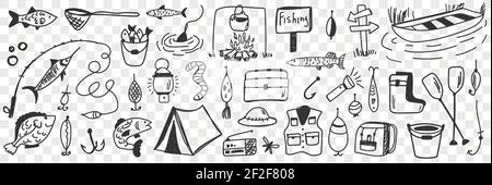 Fishing tools and accessories doodle set. Collection of hand drawn hooks camping worm clothing bucket fishes bonfire lamp for fishing on nature hobby leisure active rest on transparent background Stock Vector