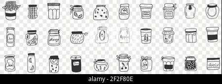 Jars and containers for food doodle set. Collection of hand drawn various shapes and forms of glass jars for keeping preserved food jam grains and cereals isolated on transparent background Stock Vector