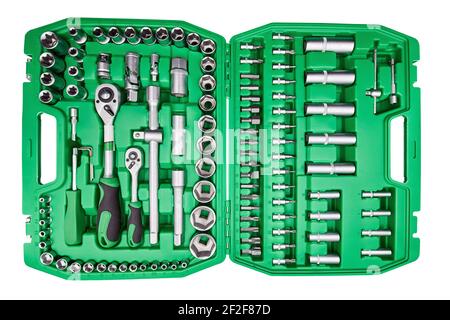 Big green toolbox set for car repair. Set of tools isolated on a white background. Stock Photo