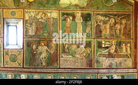 wonderful cycle of medieval frescoes in the abbey of Santa Lucia, Rocca di Cambio. Abruzzo, Italy Stock Photo