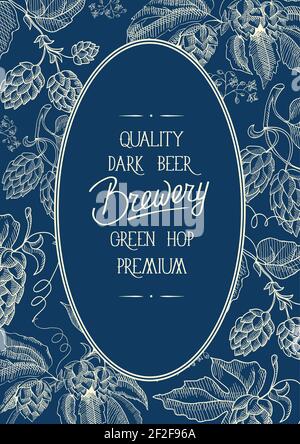 Decorative oval decorative wreath frame composition with inscription that quality dark beer brewery green hop premium in center of card on blue backgr Stock Vector