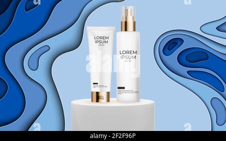 3D Realistic Cream Bottle set Design Template of Fashion Cosmetics Product for Ads, banner or Magazine Background. Vector Iillustration Stock Vector
