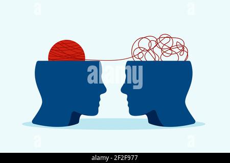 Confused mind and thoughts clipart. Red ball stress in blue human head mental depression. Stock Vector
