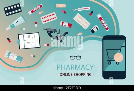 Mobile application for the sale of medicines online. Medical poster with medicines, test tubes and a thermometer. Medical checkup and blood test Stock Vector