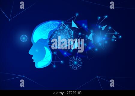 Artificial intelligence simulation clipart. Blue abstract cyborg head with futuristic polygons and virtual avatar. Stock Vector