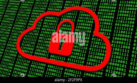 Data security concept - red closed padlock in a cloud over green binary code on black background - 3D Illustration Stock Photo