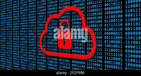 Data security concept - red closed padlock in a cloud over blue binary code on black background - 3D Illustration Stock Photo