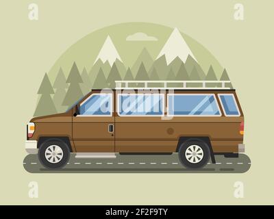 Road Trip Scene with Cartoon Family Pickup Stock Vector