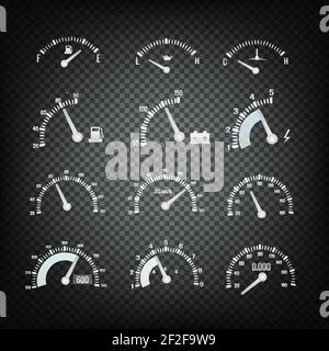 Car dashboard control panel elements collection with different indicators and meters on transparent background isolated vector illustration Stock Vector