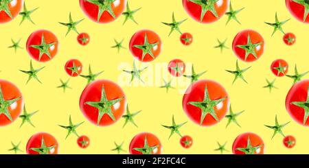 Seamless vegetable pattern of fresh ripe red cherry tomatoes isolated on yellow background. Top view. Banner. Flat lay composition. Stock Photo