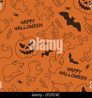 Happy halloween seamless pattern with lantern of jack hands and gestures animals on orange background vector illustration Stock Vector