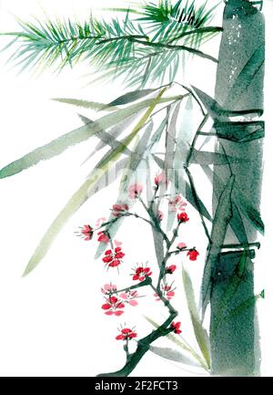 Card with green bamboo in chinese style. Hand-drawn traditional painting. Original art, watercolor painting of bamboo, Asian style painting Stock Photo