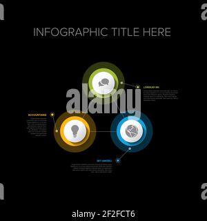 Vector multipurpose Infographic template set with three elements options in triangle and modern colors on a dark background, each infographic with ico Stock Vector