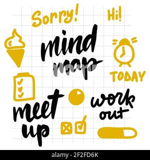 Office lettering and doodles set. Sorry, mind map, hi, today, work out, meet up. Stock Vector