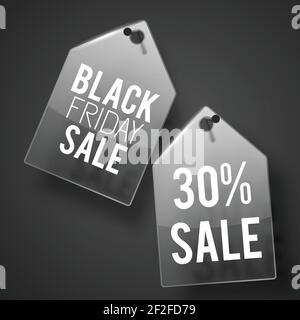 Two black friday sale tag set on wall with shadows and white texts vector illustration Stock Vector