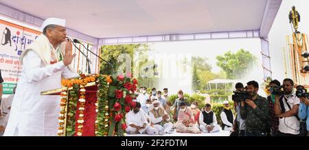 Jaipur, India. 12th Mar, 2021. Rajasthan Chief Minister Ashok Gehlot speaks during 'Padyatra' to mark the 91st anniversary of Dandi March or Salt Movement, at Gandhi Circle in Jaipur. On that day in 1930, the iconic Dandi March led by Mahatma Gandhi began. The Salt Movement, which took place from March to April 1930, was an act of civil disobedience led by Mahatma Gandhi to protest against British rule in the country. (Photo by Sumit Saraswat/Pacific Press) Credit: Pacific Press Media Production Corp./Alamy Live News Stock Photo