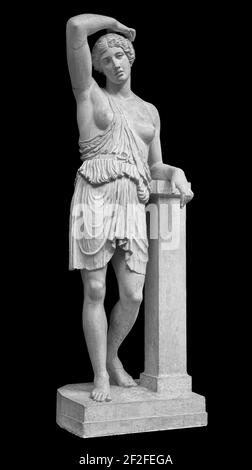 Ancient marble statue of a wounded amazon. Woman antique sculpture isolated on black background Stock Photo