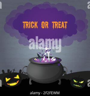 Dark Halloween party scary poster with inscription evil pumpkins and magic potion boiling in witch cauldron vector illustration Stock Vector