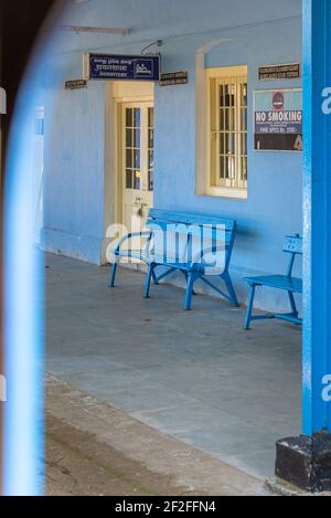 Train station in Tamil Nadu, Blue Mountain Train, India Stock Photo