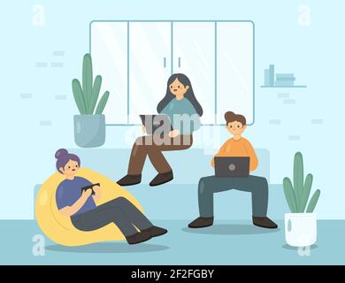 Flat-hand drawn coworking space Vector illustration. Stock Vector