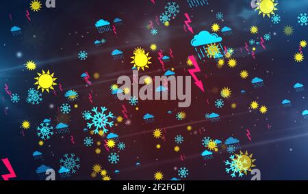 Weather symbols and icons 3d illustration. Abstract concept digital background with storm, lighting, snow, rain cloud and sun signs. Stock Photo