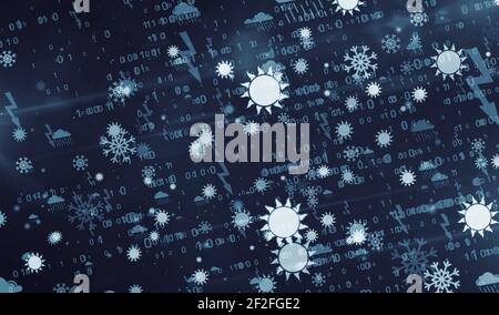 Weather symbols and icons 3d illustration. Abstract concept digital background with storm, lighting, snow, rain cloud and sun signs. Stock Photo