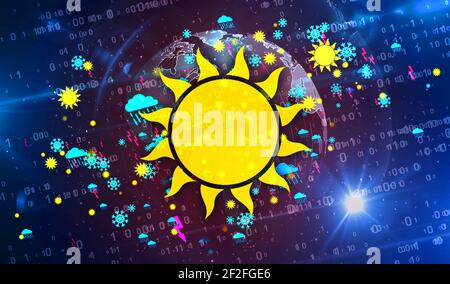 Weather symbols and icons on digital globe 3d illustration. Abstract concept background with storm, lighting, snow, rain cloud and sun signs. Stock Photo