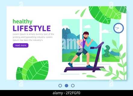 Concept of a healthy lifestyle. Man runs on a treadmill in a room against the background of a window behind which a natural picture. Vector illustrati Stock Vector