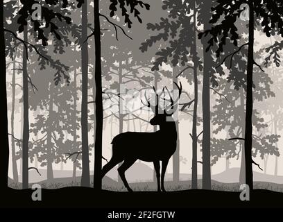 Deer with antlers posing, forest background, silhouettes of trees. Magical misty landscape. Illustration. Stock Vector